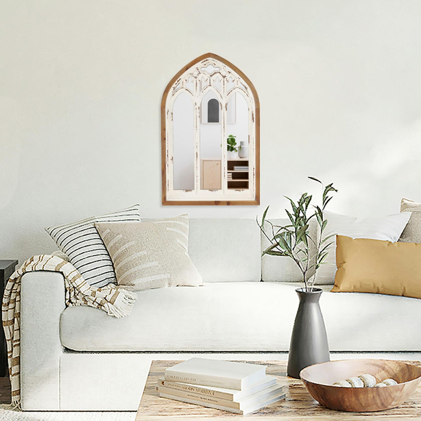 Synovana Arch Window Wall Mirror - Farmhouse Cathedral Wall Decor with Wooden Frame for Entryway Hallway Living Room - 16.14" x 1.38" x 25.2"