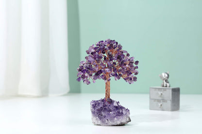 Jovivi Natural Amethyst Healing Crystal Money Tree on Amethyst Cluster Geode Druzy Base Feng Shui Crystals for Home Office Desk Decorations, Wealth, Good Luck