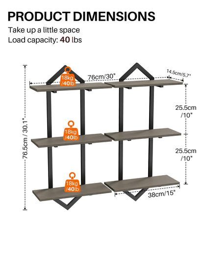 Forjarn 3 Tier Floating Shelves, Set of 2 Wall Shelves for Living Room, Modern Geometric Wooden Shelf for Wall Decor, Hanging Storage Shelf for Bedroom Bathroom Kitchen Home Office (Greige + Black)
