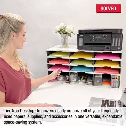 Ultimate Office Desktop Organizer 9 Letter Tray Sorter PLUS Riser Storage Base for Easy Access to Lower Slots, Desk Accessories & Supplies. Optional File Topper & Drawers