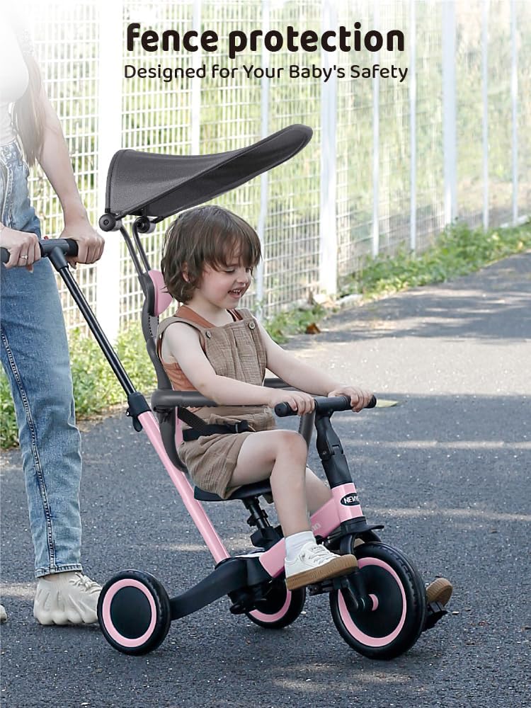 newyoo Tricycle for Toddlers 1-3, Toddler Tricycle with Push Handle and Canopy, Toddler Bike, Birthday Gift and Toys for Girl and Boy, 6 in 1 Baby Trike, Balance Bike, TR009, Pink