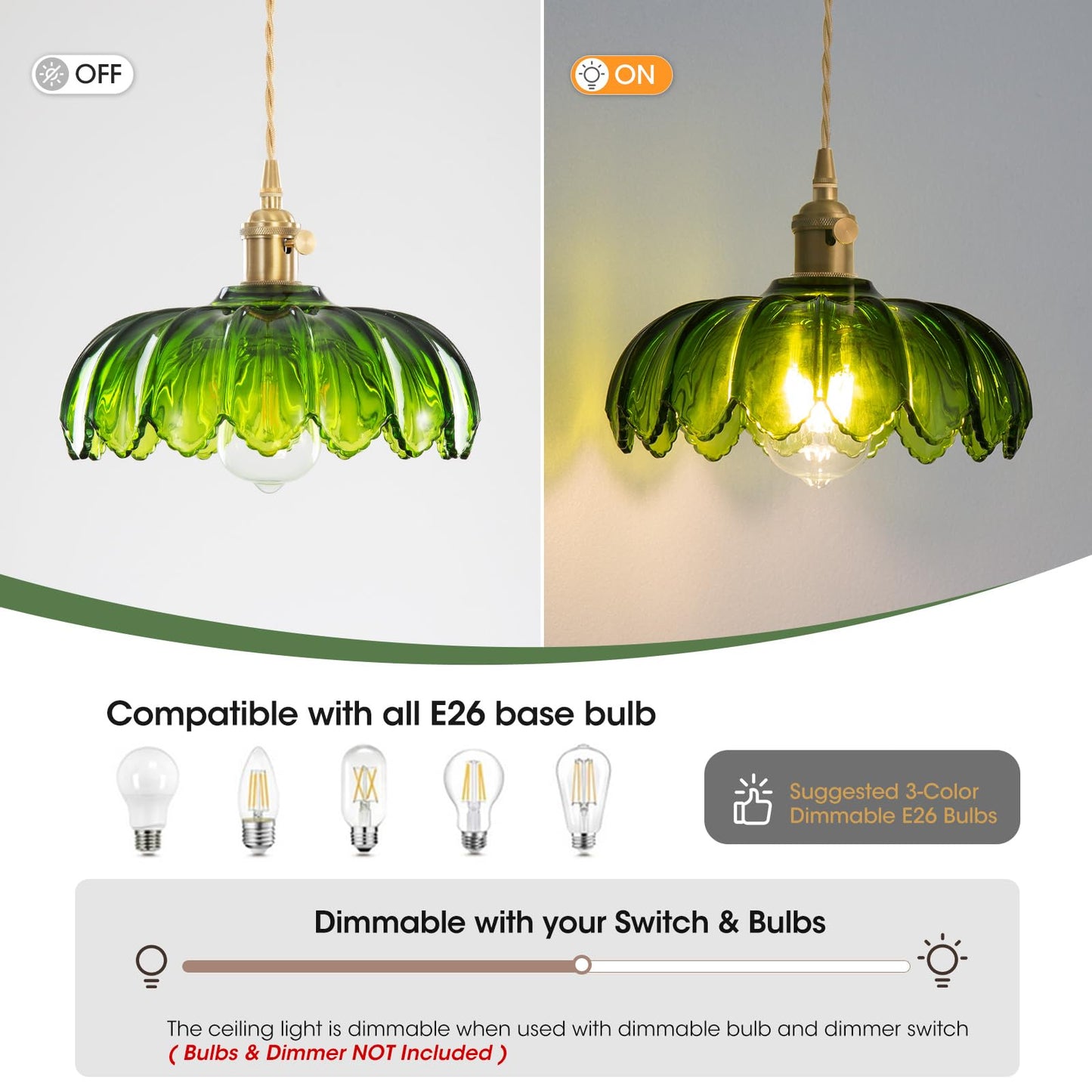 Beser·Win Plug in Pendant Light, Hanging Lights with Plug in Cord, Hanging Light Fixture with Green Glass, E26 Pendant Lighting for Kitchen Island, Bedroom, Dining Room, Living Room