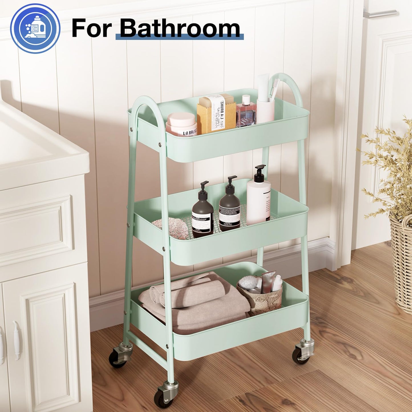 OLIXIS Metal 3 Tiers Utility Rolling Cart with Lockable Caster Wheels, Mobile Storage Shelf, Organization for Livingroom, Bathroom & Narrow Places, Pale Green