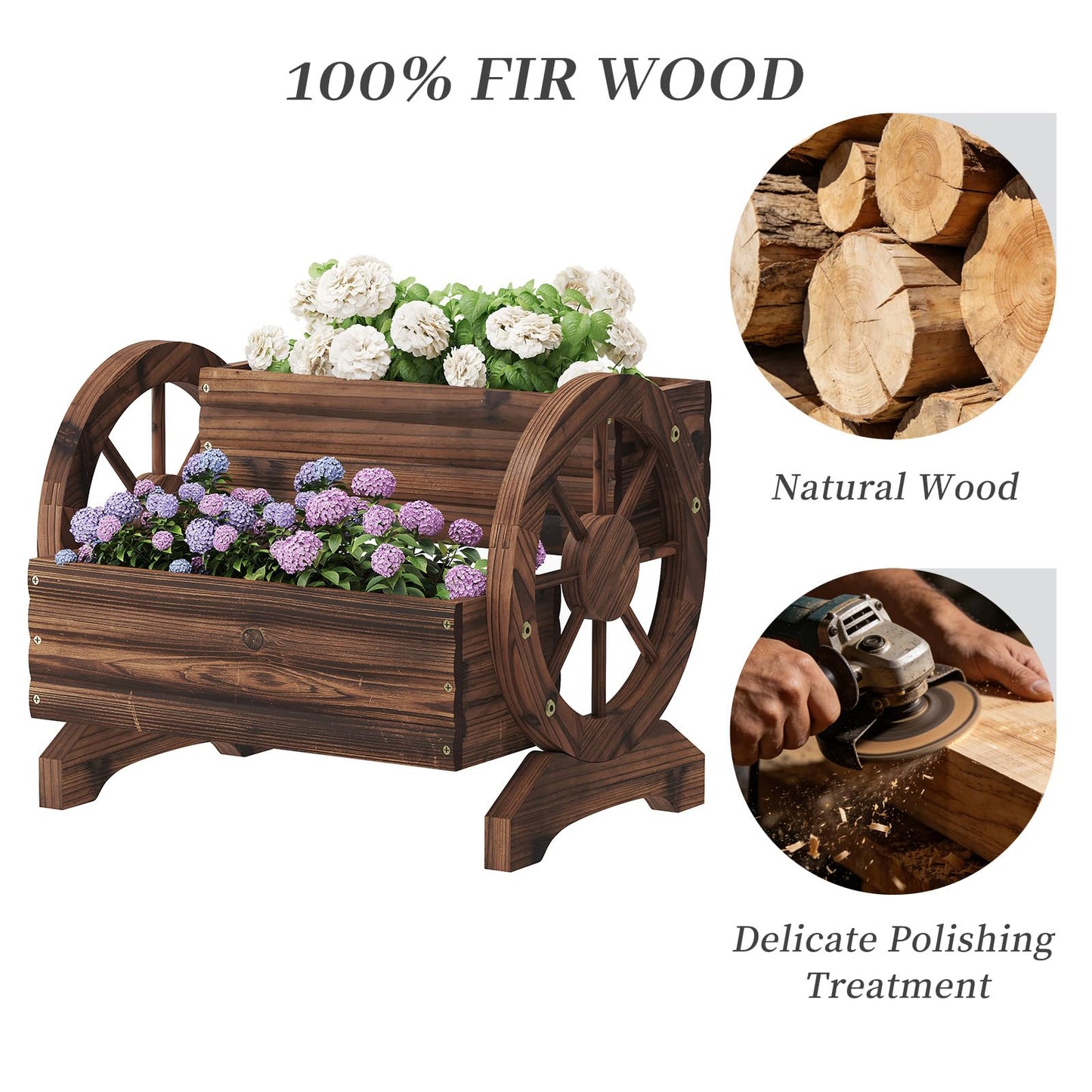 Kitsanery Wooden Planter Box,Planters for Outdoor Plants, Flower Cart for Patio Garden Balcony, Backyard Decor Garden Planters with Wheels for Flowers,Vegetables (Carbonised Colour (Dark Brown))