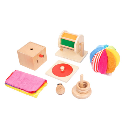 Adena Montessori Play Kit for 5-6 Months Baby,8 in 1 Learning Educational Toys for Toddler,Include Rainbow Spining Drum,Mirror Puzzle,Baby Tissue Box and More,Christmas Birthday Gift for Boys Girl