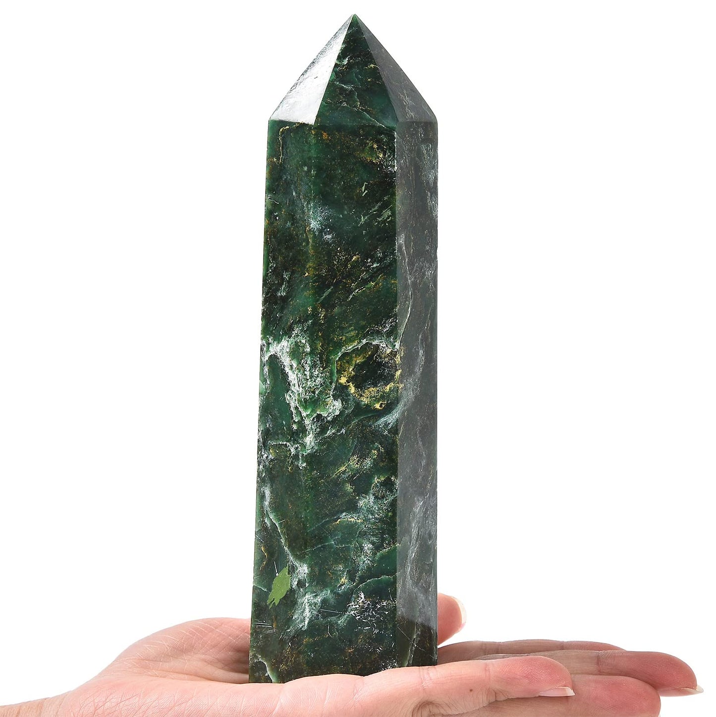 AMOYSTONE Large Crystal Obelisk Emerald Quartz Tower Green Healing Crystal Wand Point 6 Faceted Reiki Meditation Stone 2.2-2.6 LBS