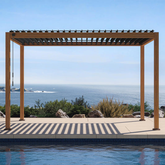 MIRADOR 111S Takasho Louvered Pergola 10x13 Wood Grain Outdoor Aluminum Pergola with Adjustable Rainproof Roof Full Aluminum Frame Ideal for Outdoor Deck Garden Patio Durable, Cherry Oak