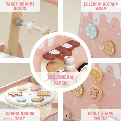 Wooden Baby Walker, Multifunctional Ice Cream Cart Activity Toy for Learning to Push Walk with Wheels, Pretend Playset Ideal for Toddlers, Boys and Girls Ages 18-36M