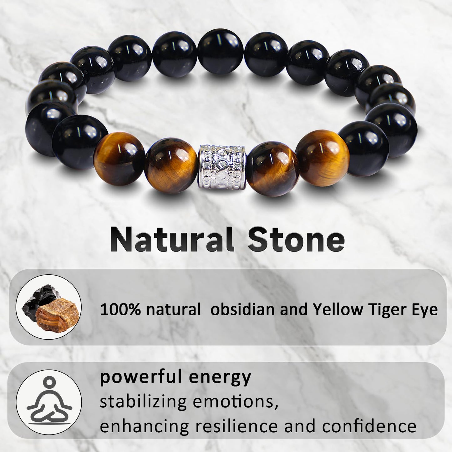Tiger Eye Obsidian Beaded Bracelets For Men Gemstone Bracelets For Men &Women Fashion Natural Stone Men‘s Jewelry (yellow& black)