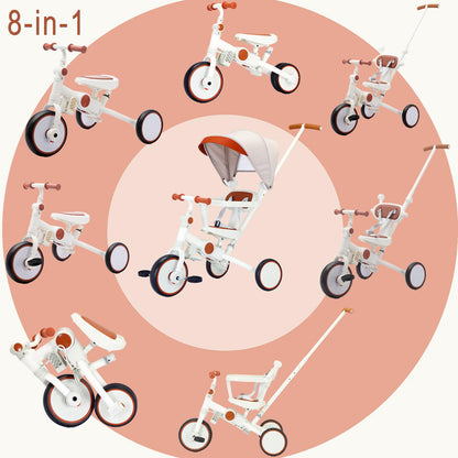 FVOJZQGD Toddler Push Foldable Tricycle with Canopy, 8 in 1 Balance Trike Baby Bike with Handle Toddler Tricycle for 1-3,Kids Folding Tricycles Chrismas and Birthday Gift for Boy and Girl Trike