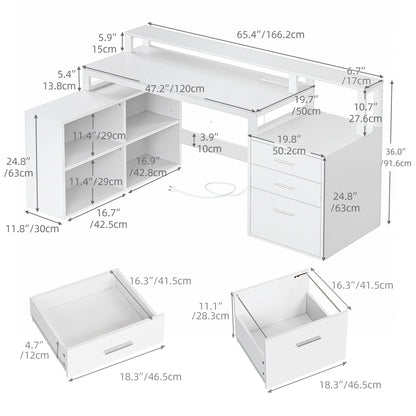 DWVO L Shaped Desk with Drawers, 65" Computer Desk with Power Outlets & LED Lights, Corner Home Office Desk with Storage Shelves & Printer Stand, White