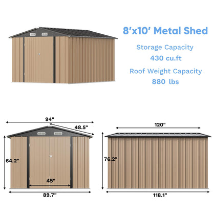 Greesum 8x10FT Outdoor Storage Shed, Metal Storaged Sheds with Lockable Doors, Sheds & Outdoor Storage for Bike, Backyard, Pool and Garden, Brown