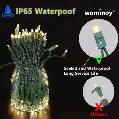 Wominoy 25ft 50 Counts Warm White LED Christmas Lights - Commercial Grade Outdoor Waterproof, Green Wire, Xmas Tree Lights, IP:65, UL