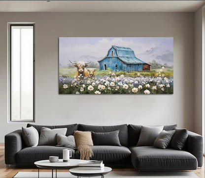 Anolyfi Highland Cow Farmhouse Wall Art for Living Room, Blue Barn Paintings Warm and Cozy Decor for Bedroom Dining Room Home Hallway, Framed 58"x29"