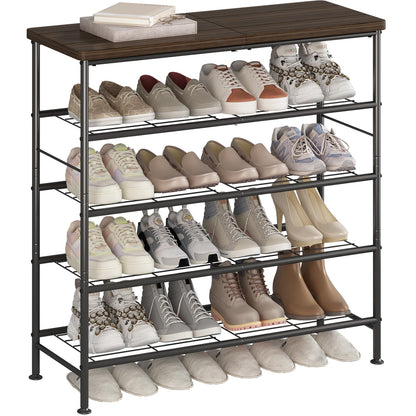 SUOERNUO Shoe Rack Organizer 5 Tier for Closet Entryway Free Standing Metal Storage Shoe Shelf with MDF Top Board，Black+Rustic Brown
