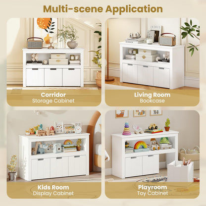Costzon Toy Storage Organizer w/Drawers, Wooden Toy Shelf with 3 Removable Drawers, Rolling Wheels & Large Open Shelf, Toy Cupborad for Kids Room, Playroom, Kindergarten, Nursery (White)