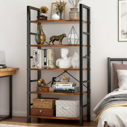 SageNest 5 Tier Bookshelf, Free Standing Wooden Bookcase with Open Storage Shelves with Metal Frame, Sturdy Shelf Organization Display Rack for Living Room, Bedroom, Home Office, 62.2" Tall, Brown