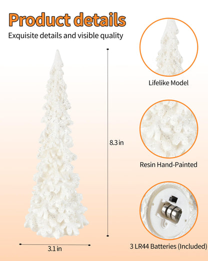 iStatue Tabletop Christmas Tree Decoration 8.3'' Tall - Set of 2 Mini White Resin LED Trees with Intricate Details Figurines - Indoor Holiday Decor and Xmas Gift (Trees)