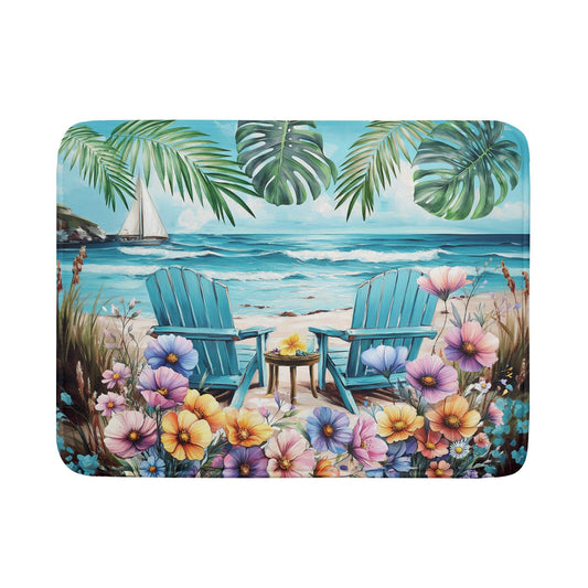 Spring Summer Sea Chair Dish Drying Mat for Kitchen Counter,Coastal Beach Palm Leaf Flowers Drying Mat 18 x 24 Inch with Absorbent Reversible Microfiber Drying Pad for Coffee Bar