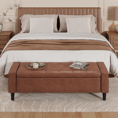 60" Storage Ottoman Bench, Faux Leather Bed Bench with Tufted Buttons and Nailhead Trim, Large Upholstered Ottoman with Storage for King Size End of Bed, Bedroom, Living Room, Entryway, Hallway, Brown