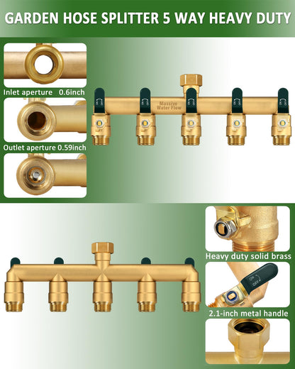 5 Way Hose Splitter, Heavy Duty Full Flow Garden Hose Splitter with 5 Large Metal Handles, Brass Water Hose Bib Splitter, T Adapter Connector with 3/4 - Inch GHT Thread (Green)