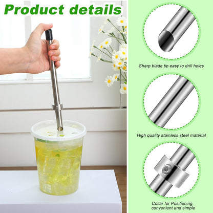 Lasnten 2 Pack Straw Puncher for Plastic Lids Lemonade Cups, Stainless Steel Straw Hole Puncher Punching Tools for Cafe Drinks Deli Container Squeezed Fresh Lemonade Stand Supplies(8.7 Inch,Black)