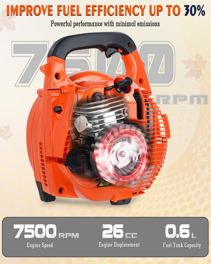 Relxxon Gas Leaf Blower 26cc Handheld, Powerful 2-Cycle Engine, 180 MPH 380 CFM, Lightweight Quick-Start for Lawn Care, Yard Debris & Light Snow (Orange)
