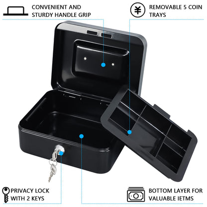 KYODOLED Medium Cash Box with Removable Money Tray, Key Lock Metal Storage Box with 2 Keys & Portable Handle, Safe Cash Drawer, 7.87"x 6.30"x 3.54", Black