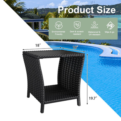 kinbor Small Outdoor Table - Tempered Glass Top Small Outdoor Wicker Side Table with Storage Shelf for Patio, Balcony & Porch, Durable PE Rattan & Iron Frame