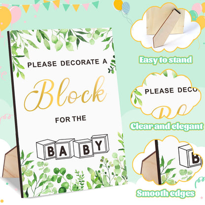Pydeeirom Baby Shower Blocks Game Set with Wooden Box, Acrylic Markers & Wooden Sign for Baby Shower Games, Gender Reveal & Decorations (GreenLeaves)