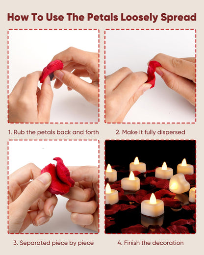 Amagic 2000 Pieces Artificial Rose Petals with 24 Heart LED Tea Lights Candles Kit, Rose Petals and Candles Set for Proposal, Anniversary, Special Romantic Night, Wedding Table Decor, Birthday