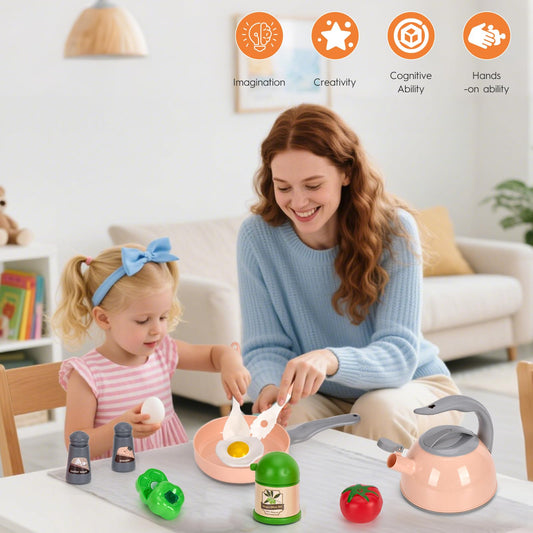 90Pcs Kitchen Playset Accessories, Pretend Cooking with Pots, Pans, Cookware, Food, Fruit, Veges, Color Sorting Baskets, Prop Money, Learning Gift for Girls Boys Toddlers (Pink)