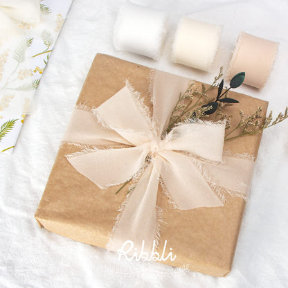 Ribbli Chiffon Ribbon - 1.5 inch x 30 Yard Champagne/Nude Silk, Handmade for Wedding Invitations, Gift Wrapping, Bridal Bouquets, Flower Arrangements