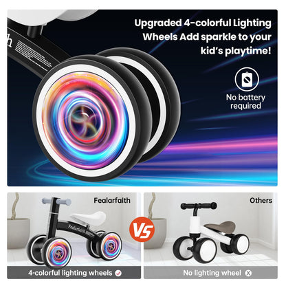 Baby Balance Bike for 1 Year Old Boys Girls, Toddler First Bike with 4 Colorful Lighting Wheels | 10-36 Month Toddler Balance Bike | First Birthday Gifts (Black)
