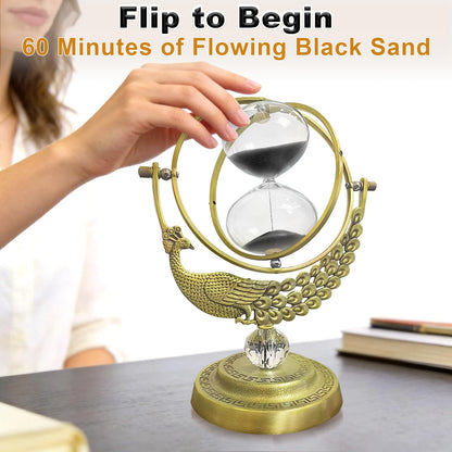 Hourglass 60 Minute Sand Timer, 720° Rotating Brass Peacock & Crystal Ball Sand Clock,Antiguo Reloj De Arena 1 Hora, Large Metal One Hour Glass Sandglass for Gifts Office Desk Decor