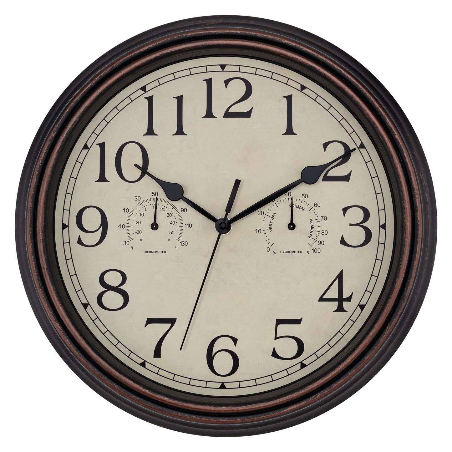 Foxtop Indoor Outdoor Waterproof Wall Clock with Thermometer and Hygrometer Combo, 14 Inch Retro Silent Non-Ticking Battery Operated Quartz Round Outdoor Clocks for Patio Home Office (Bronze)