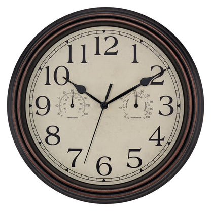 Foxtop Indoor Outdoor Waterproof Wall Clock with Thermometer and Hygrometer Combo, 14 Inch Retro Silent Non-Ticking Battery Operated Quartz Round Outdoor Clocks for Patio Home Office (Bronze)