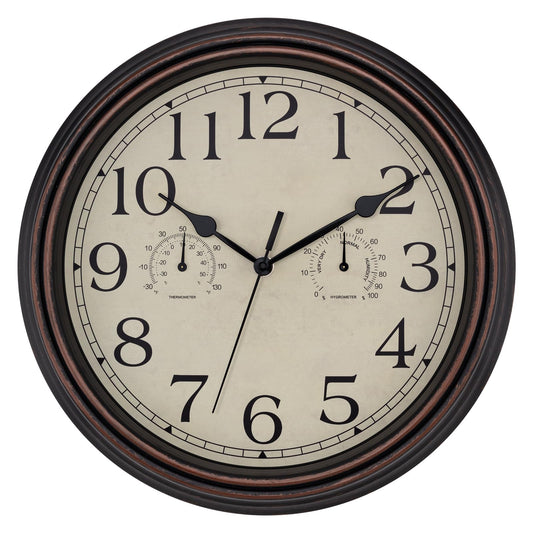 Foxtop Indoor Outdoor Waterproof Wall Clock with Thermometer and Hygrometer Combo, 14 Inch Retro Silent Non-Ticking Battery Operated Quartz Round Outdoor Clocks for Patio Home Office (Bronze)