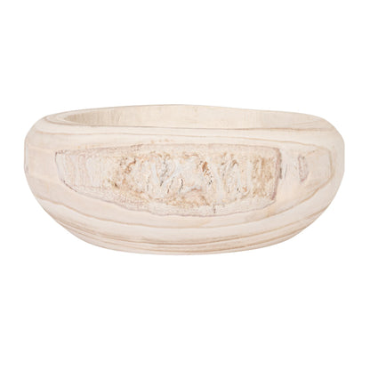 Bloomingville Decorative Hand-Carved Paulownia Wood Bowl, Whitewashed, 10.5 in Diameter, 4.25 in Tall