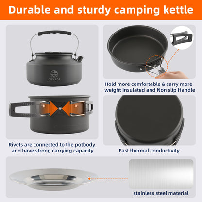 17-Piece Camping Cookware Set, Lightweight Backpacking Pot & Pan Kit with Non-Stick Anodized Aluminum, 0.45Gal Pot, 0.30Gal Kettle, 2 Cups & Cutlery Sets, Compact for Hiking, Camping, Picnic