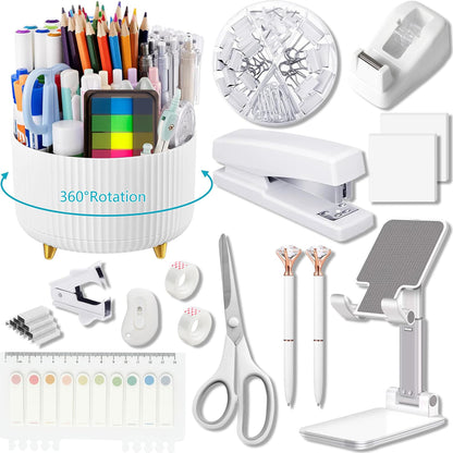 Office Supplies, White Desk Accessories,Desk Organizer,Phone Stand,Scissors,Stapler,Tape Dispenser,Binder clips,Staples,staple remover,Sticky Notes,Index Tabs,Clear Tape,Mini Box Cutter,Cool Pen.16pcs