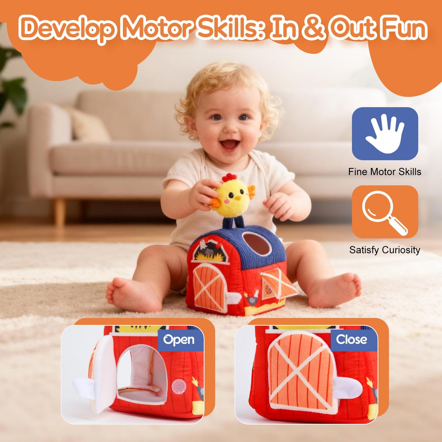 ZXHWTG Baby Toys 6-12 Months, Soft Barn Montessori Sensory Infant Toy for 6 7 8 9 10 Month Old, 1st Birthday Baby Gifts for 1 Year Old Boy Girl, Stuffed Farm Animals, Rattle Squeaky Crinkle Sound