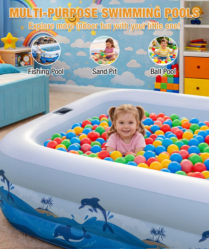 Extra Large Inflatable Pool with Lights - 145" x 74" x 22" Swimming Pool for Adults with Solar Powered, Blow Up Pool for Backyard (Air Pump Not Included)