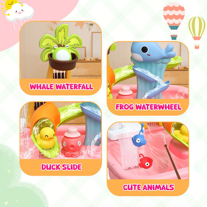 Water Play Table for Toddlers 1-3, Kids Play Sink with Electric Faucet, Outdoor Water Table with Fishing Game, Summer Baby Water Sensory Toy for Toddlers 1-3 Years(Pink)