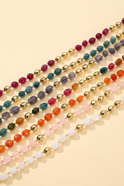 NVWAROCK Beaded Bracelet for Women, Gemstone Bracelet, 14K Gold Plated Stackable Handmade Oval Stone Bracelet Jewelry Gift - Purple