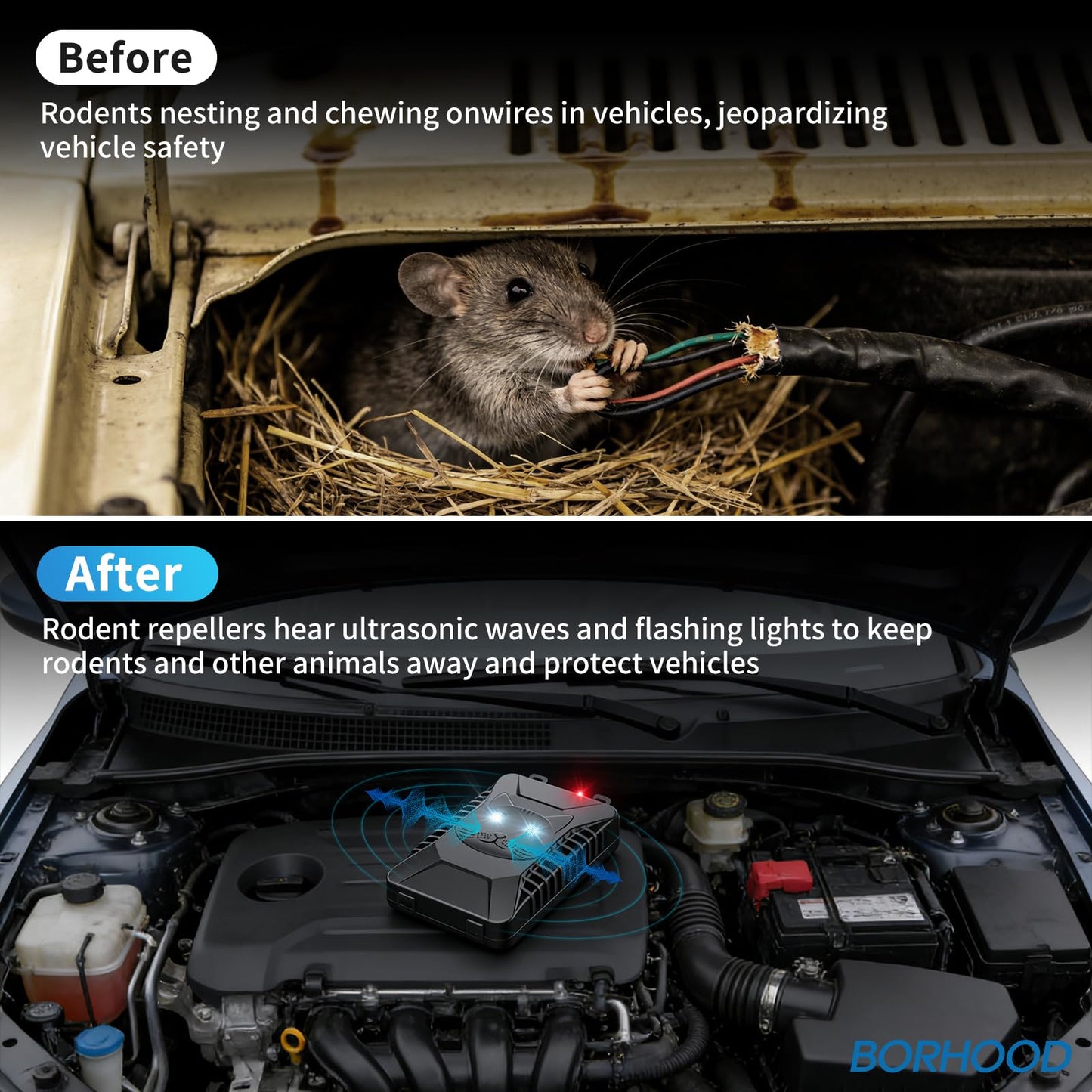 BORHOOD Ultrasonic Rodent Repellent, 2 Pack Plug-in Mouse Rat Pest Bat Squirrels Repellent for Car with Battery Powered Under Hood, Keep Mice Out of Cars Engines, Indoor, Garage, Storage Room-Black