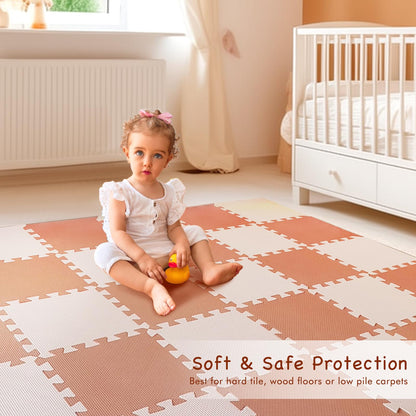 TCBunny Kids Soft EVA Foam Jigsaw Puzzle Play Mat, 36 Interlocking Tiles and Edges Baby Play Mat, for Kids Gym, Nursery, Playroom, Pet Mat, Total Floor Coverage 32 Sq Ft, Pink/Peach
