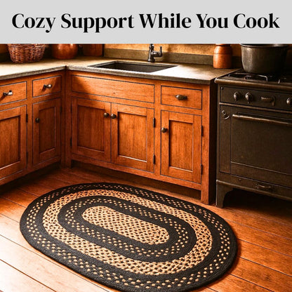 Charleston Oval Braided Rugs 27x45 - Ideal as Black and Tan Kitchen Rugs for Primitive Decor