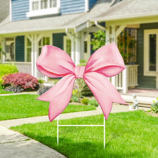 FYSUIMU Pink Bow Metal Garden Stakes Watercolor Bow Knot Decorative Lawn Sign Cute Welcome Yard Sign for Home Outside Lawn Porch Walkway Decor