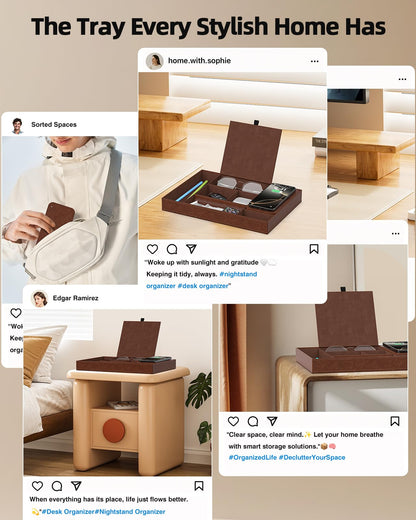 Leather Valet Tray with Wireless Charging Pad - Luxury EDC Nightstand Organizer for Men - Premium Desk Tray for Phone, Watch, Glasses & Keys - Sleek Office Desk Accessories & Gift for Him, Brown